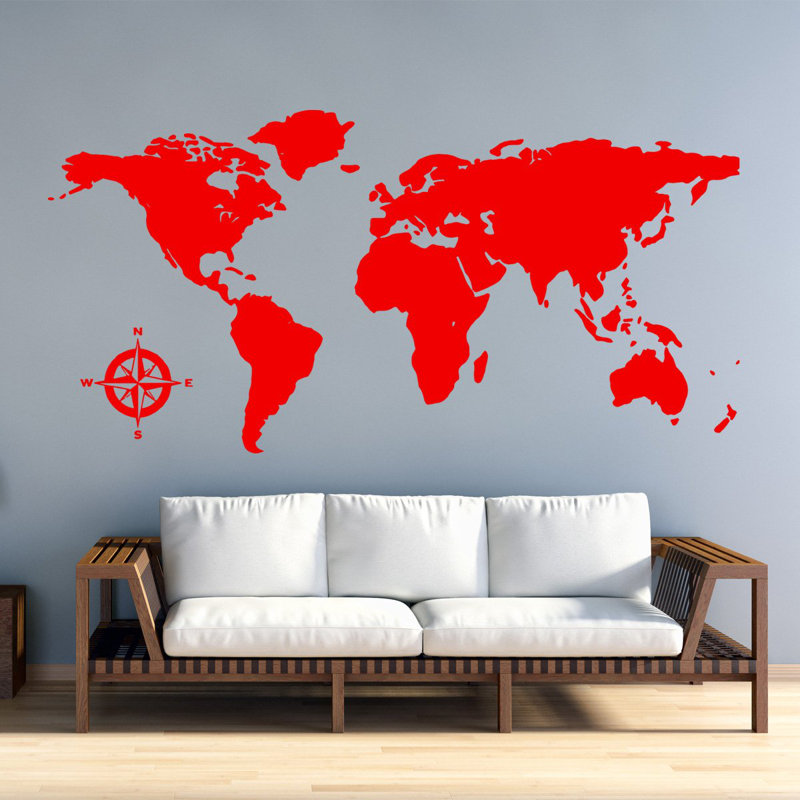 Adhésif décoratif carte du monde en vinyle, Rouge, H 15 po x L 30 po