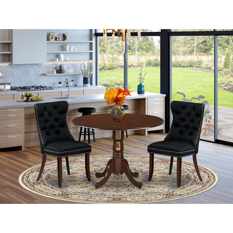 3 Piece Dining Table Set Includes a Round Kitchen Table with Dropleaf and 2 Padded Chairs, Mahogany, Black, Black/Brown
