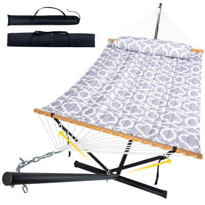 Double Hammock with Stand for Outdoor, Heavy Duty Portable Hammock with Adjustable Steel Stand - Includes Carrying Bag