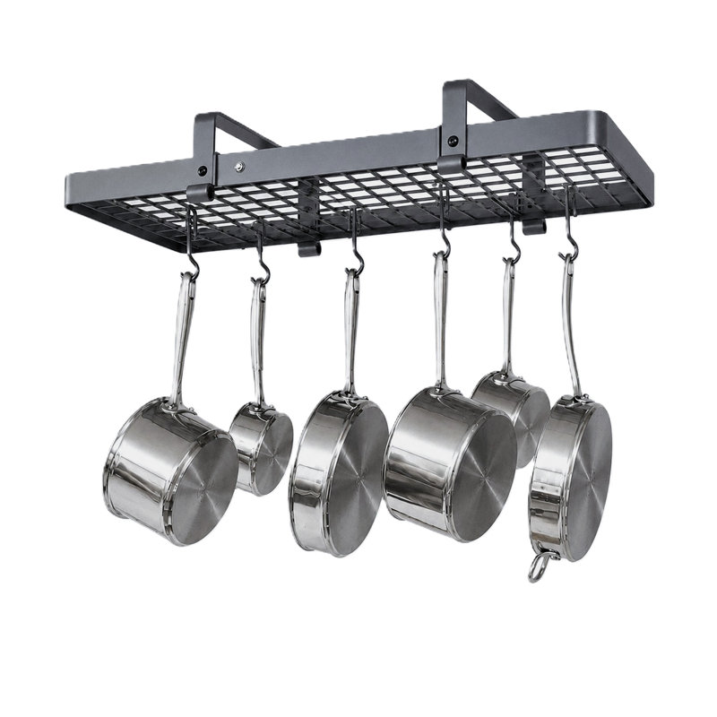 Handcrafted 37" Low Ceiling Rectangle Pot Rack with 18 Hooks, Hammered Steel