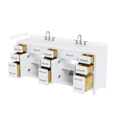 Meuble-lavabo double 84 po Beckett en blanc, comptoir en marbre de culture de Carrare, lavabos carrés encastrés (3 trous), garniture en nickel brossé