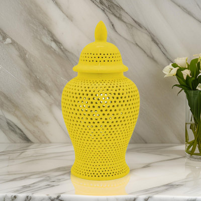 Pot à gingembre Deni 25 po, treillis découpé sculpté, couvercle amovible, jaune