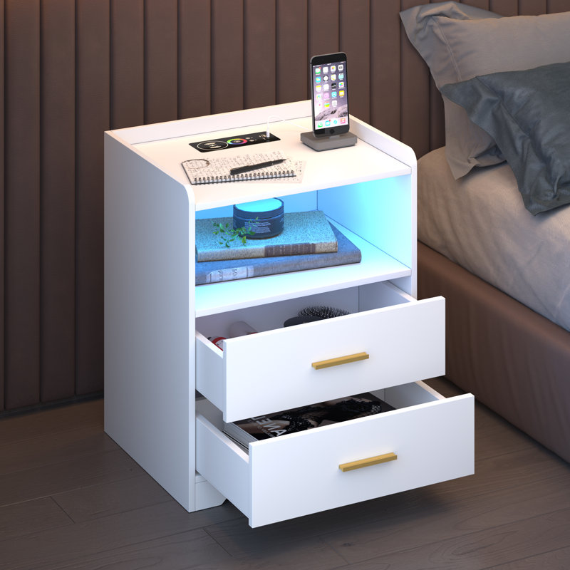 2 Drawer Bedside Table with Charging Station and Human Sensor Light, White