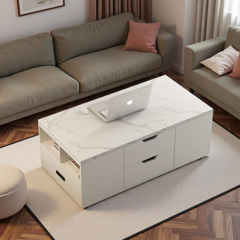Table basse relevable moderne avec 2 tabourets, rangement caché, tiroirs et table pliante