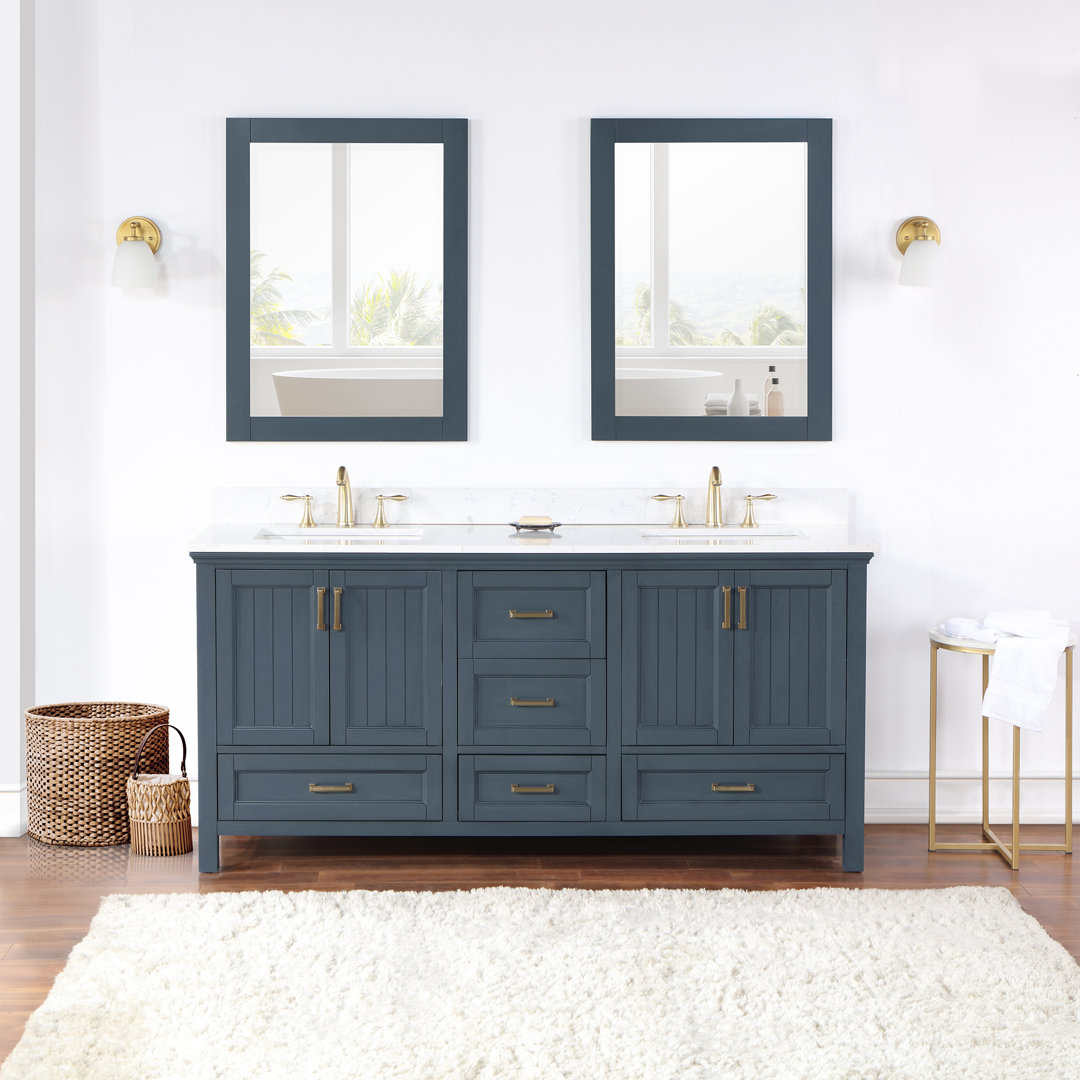 Isla 72 In. Double Bathroom Vanity Set In White And Engineered Stone Countertop With Mirror Lark Manor™ Base