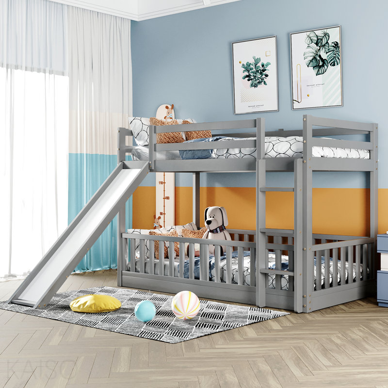 Lit superposé simple au-dessus d'un lit simple avec glissière et échelle, gris, Grey