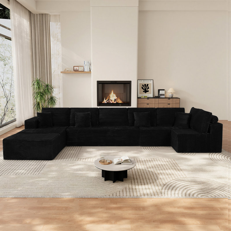 Boneless Adame 177"W Modular 8 Seats Upholstered Cloud Sectional Sofa With Ottomans, Black Corduroy