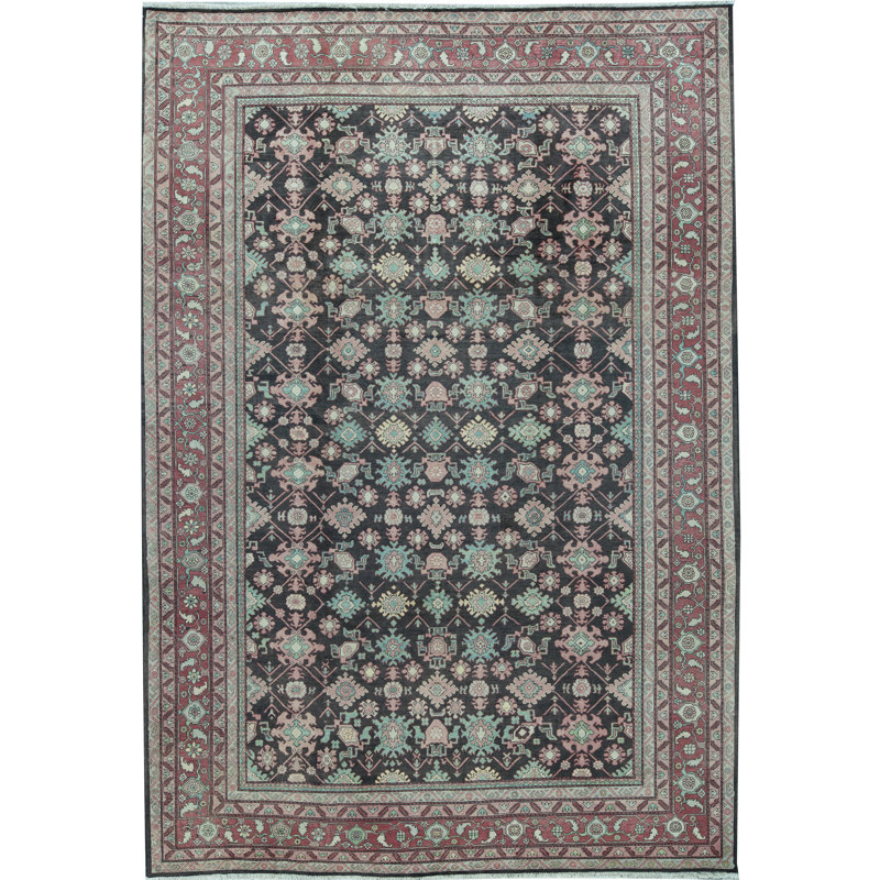 Tapis rouge, noir et bleu noué à la main de haute qualité