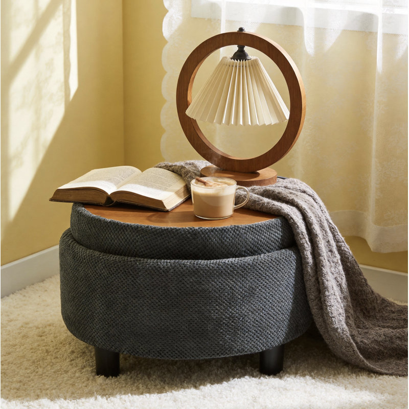Feros Modern Round Upholstered Storage Ottoman with Removable Tray Lid and Hidden Storage Compartment, Dark Grey