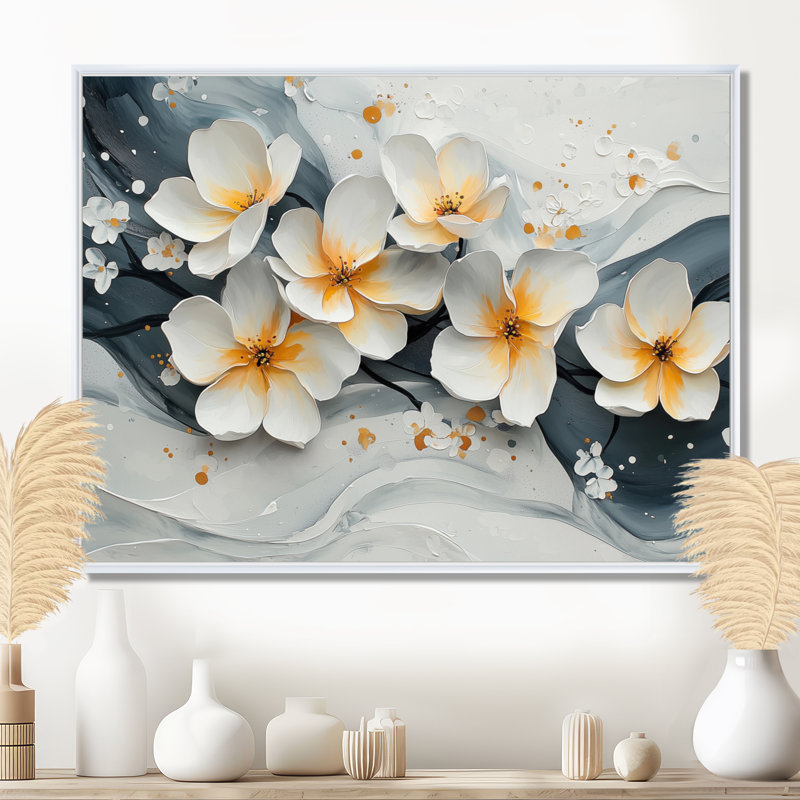 Velours fleur de cerisier noir II - impressions sur toile de fleurs de cerisier, H 30 po x l 40 po, Cadre flottant, Blanc