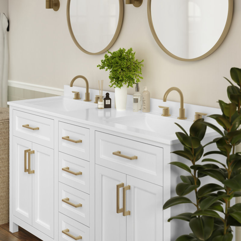 White Double Bathroom Vanity with Gold Hardware and Marble Top