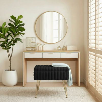 Faux Fur Uphosltered Vanity Stool with Storage and Metal Legs