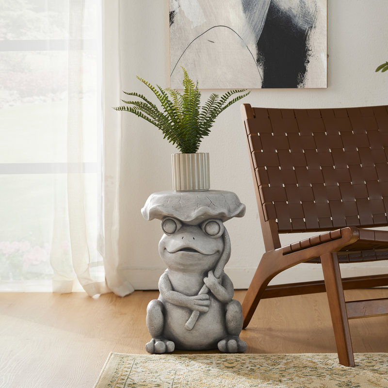 19"H Multi-Functional MGO Frog And Lotus Faux Concrete Garden Stool Or Planter Stand Or Accent Table
