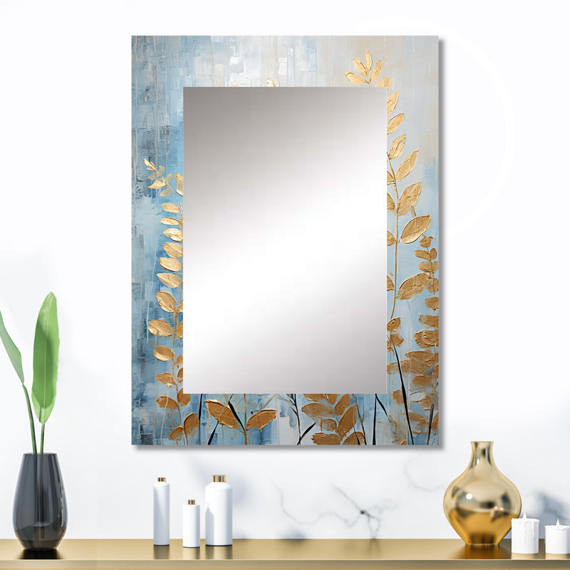 Blue And Golden Ferns Breeze Symphony I - Ferns Decorative Mirror, Modern Large Wall Mirror, Printed Metal Art, 32" x 24"