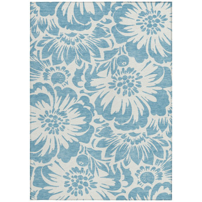 Tapis extérieur lavable antidérapant à motif floral denim et ivoire 3 pi x 5 pi