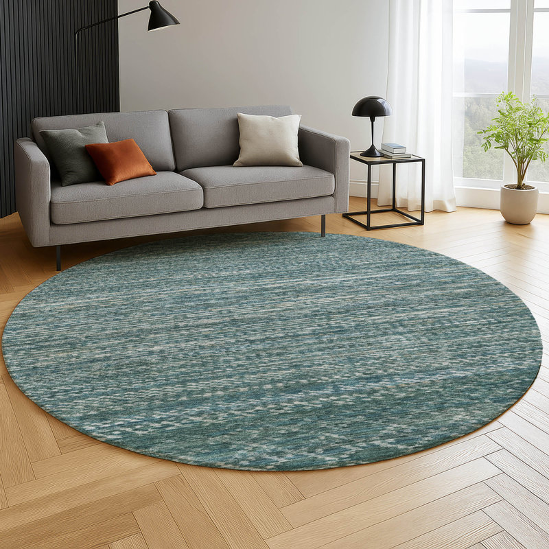 Premium Machine Washable Mayfield AMF2150 Striped Rug, Teal, Round 8'