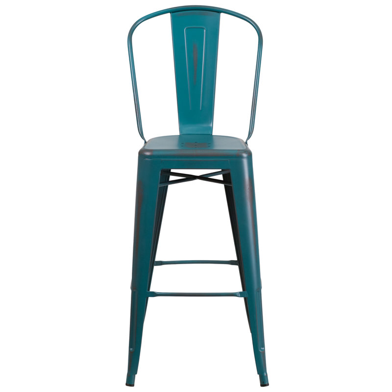Commercial Grade Distressed Metal Indoor-Outdoor Counter Height Stool with Back, Kelly Blue, Bar Stool (30" Seat Height)