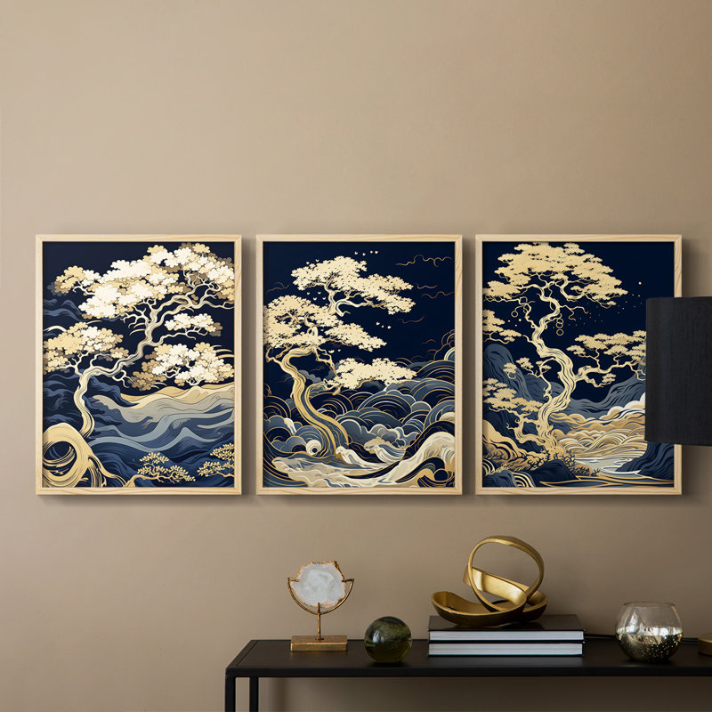 Lanscape Study  Series  XLI  -Set Of 3 Framed Giclee Prints -Ready to Hang, 10" H x 8" W, Natural Framed