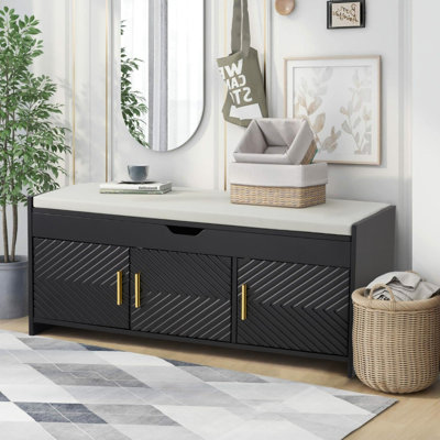 Shoe Storage Bench, Wooden Entryway Bench with Cushioned Seat