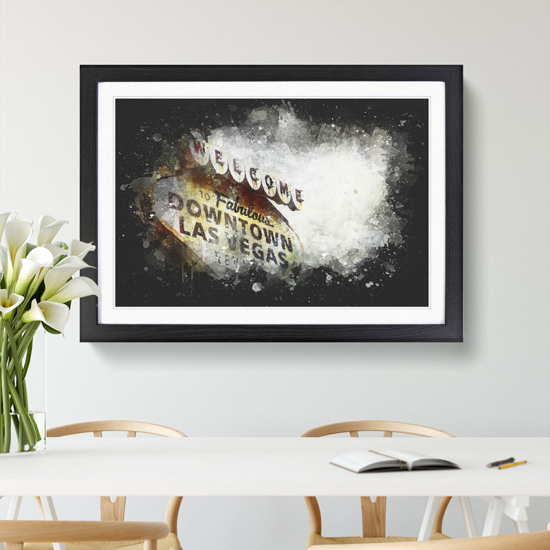 Downtown Las Vegas Sign Paint Splash - Picture Frame Graphic Art, 62cm H x 87cm W x 2cm D, Black Framed