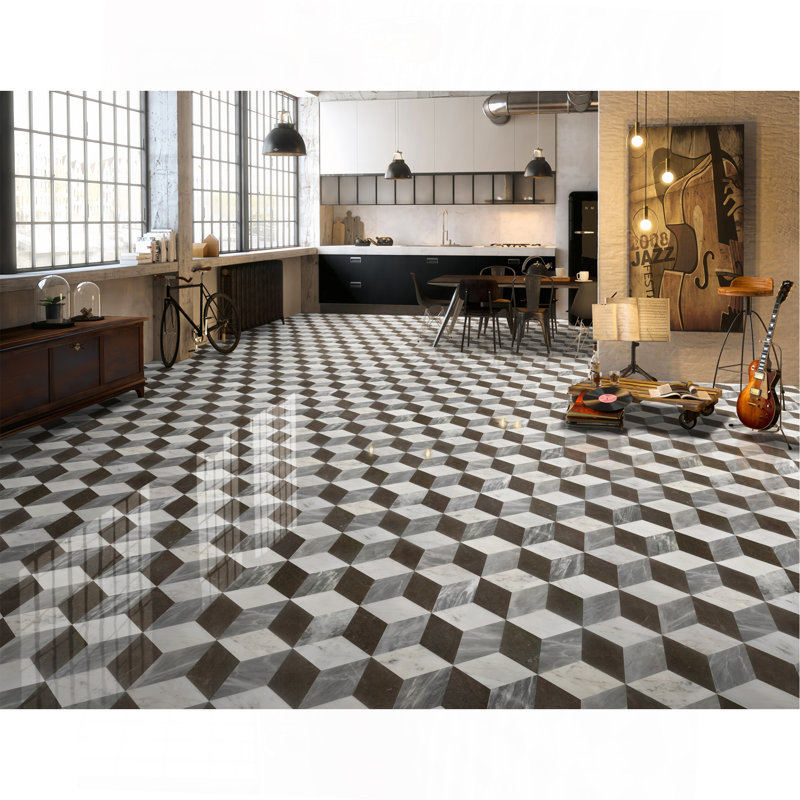 Water-Jet Marble Tile, White/Gray/Black