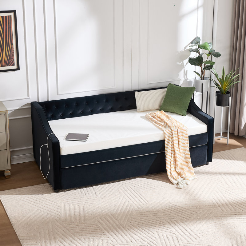 82.0" Wide Twin Upholstered Daybed With Pull-Out Trundle - Luxury Velvet Daybed With USB Charging Port & Side Pockets - Wavy Armrest Sofa Bed - Beige