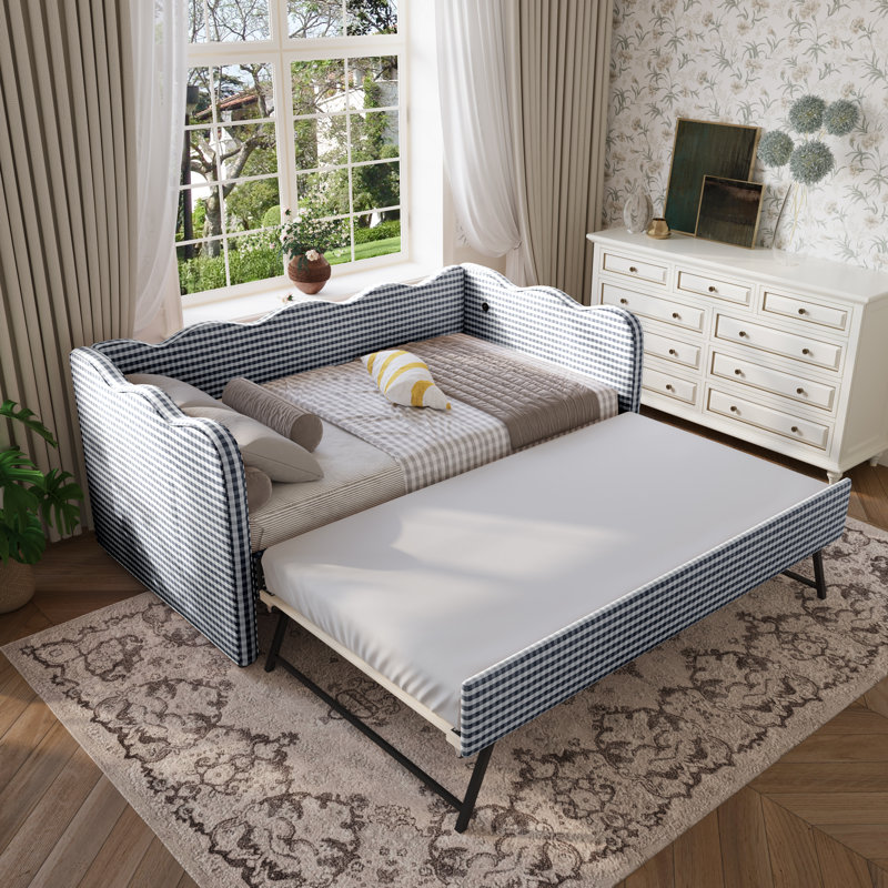 Linen Upholstered Gingham Daybed With Trundle, Usb Charging Port & Wave-shaped Design, No Box Spring Needed, Navy