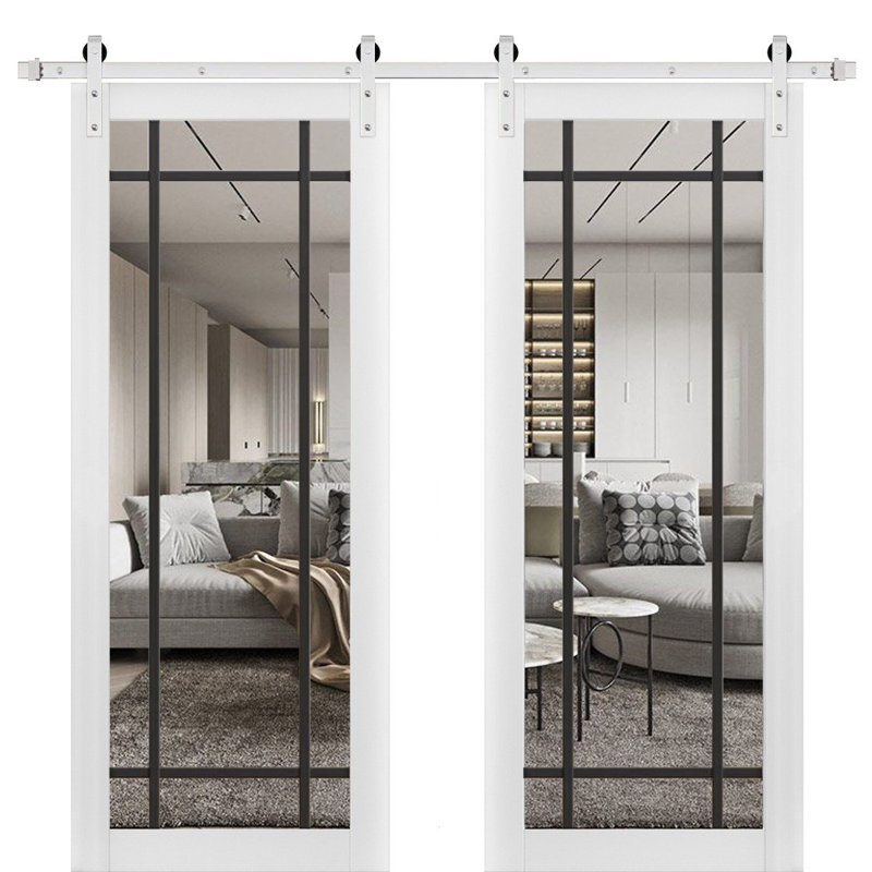 Porte de grange double robuste avec verre transparent | Lucia 2266 | Ensemble lourd de cintres en acier inoxydable 13 pi | Portes intérieures à panneau plein - Rail argenté - Verre transparent