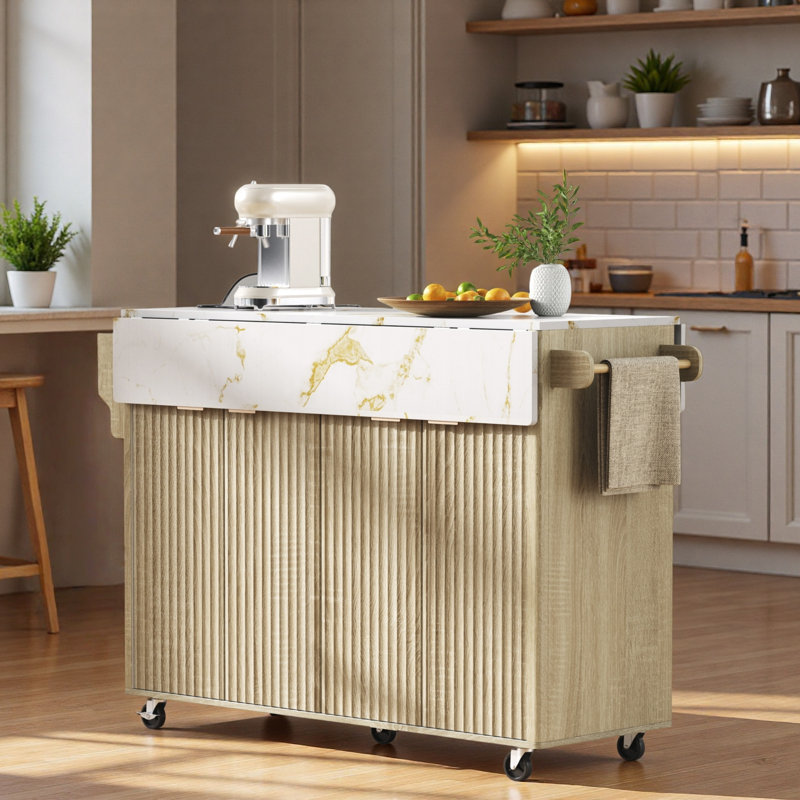 Fluted Kitchen Island With Drop Leaf, Power Outlet, Towel Rack, Spice Rack And Open Compartment, Natural/White