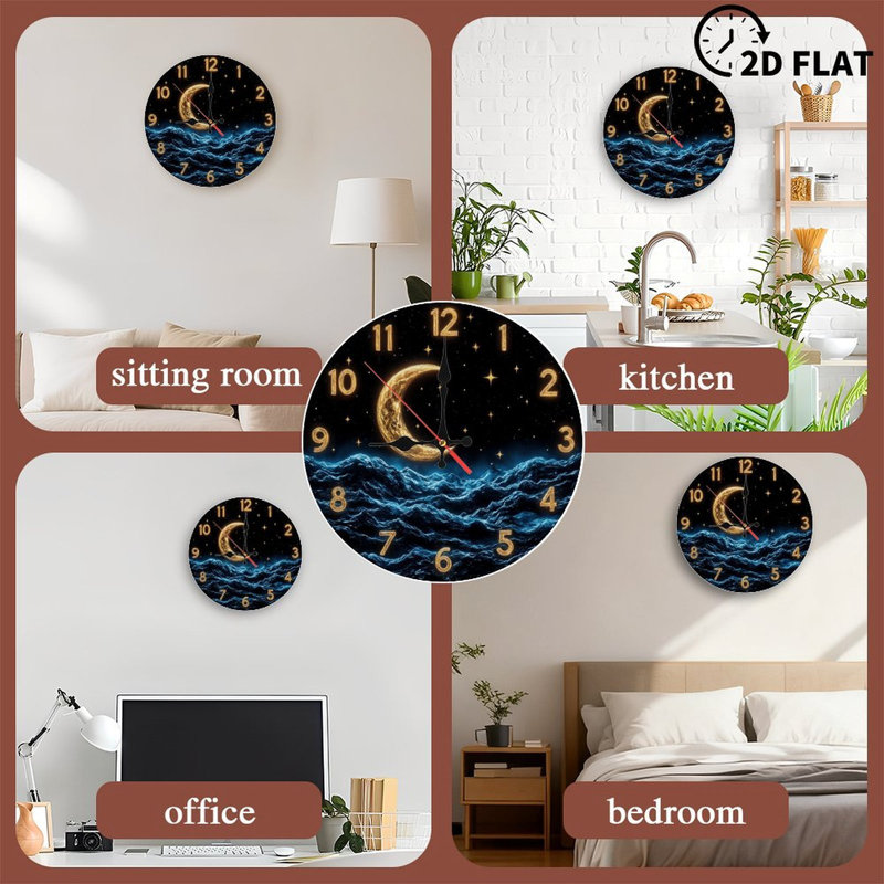 Horloge avec étoile de lune et vagues de l'océan