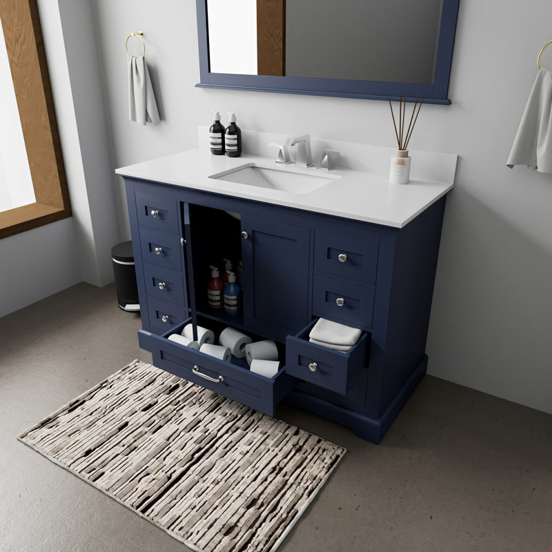 Meuble-lavabo simple l 48 po x P 22 po, comptoir en quartz blanc et miroir de 46 po, Marine