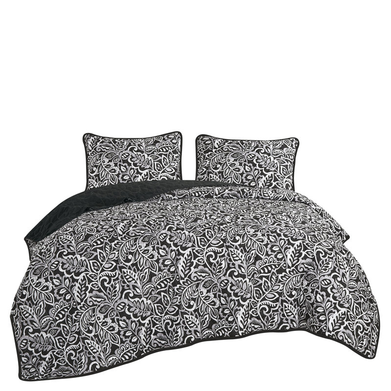 Ensemble de couvre-lit en microfibre 3 pièces, Couvre-lit très grand / couvre-lit + 2 taies déc, Noir / blanc oasis