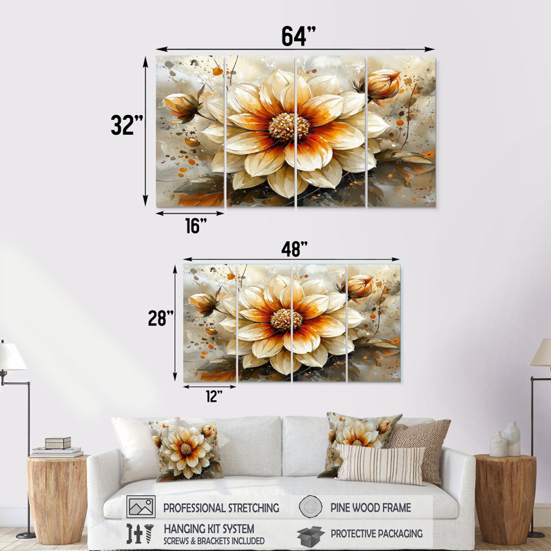 Abstrait orange Dahlia lueur II - art mural Dahlia - toile d'art traditionnelle, 4, H 28 po x l 48 po