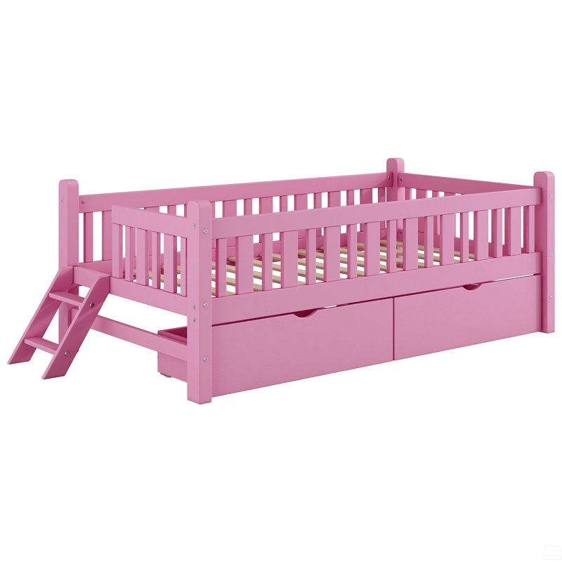 Wood Twin Size Platform Bed With Guardrail And 2 Drawers, Pink