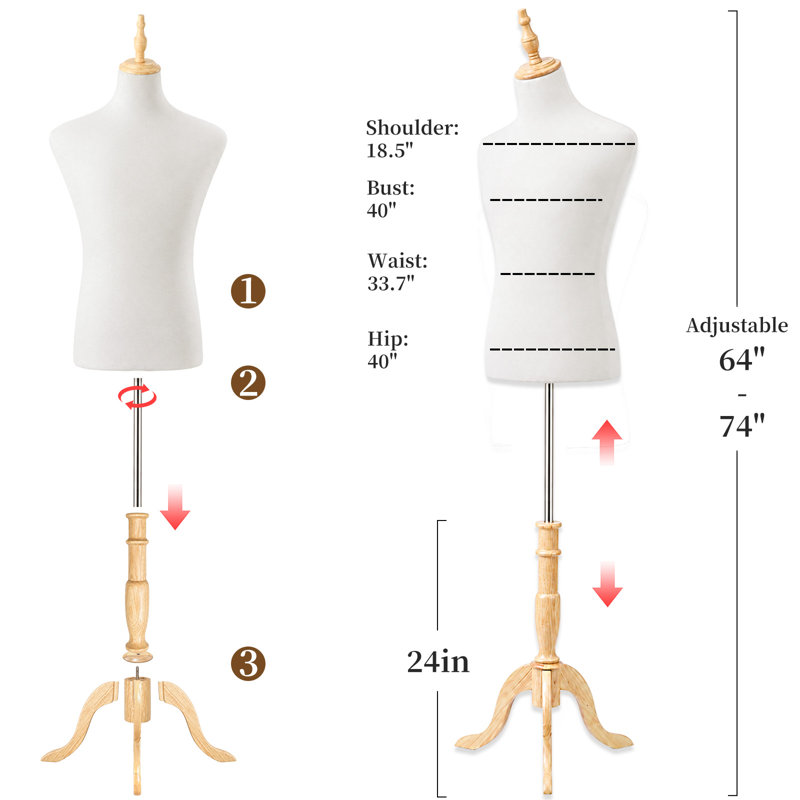 Male Mannequin Torso Dress Form, 64‑74 Inch Adjustable Beige Foam Manikin Body with Solid Wood Tripod Stand for Men Suit Clothing Display Sewing Tailoring