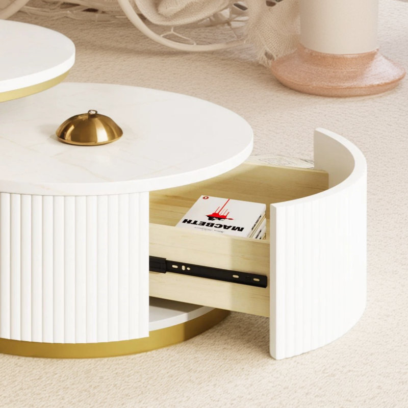 Table basse ronde moderne (31,5 po) blanche et dorée avec tiroirs pratiques, Blanc