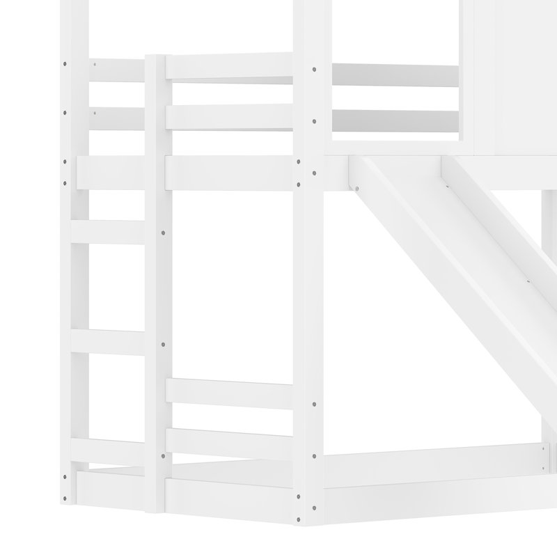 Lit simple superposé avec glissade, couleur grise, bois massif et fenêtre, rangement pour fournitures de bureau, Blanc clair