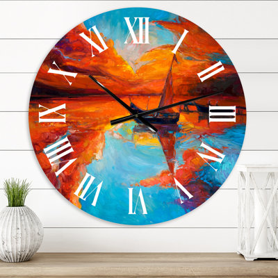 Petit bateau pendant un coucher de soleil rouge foncé - horloge murale nautique et côtière