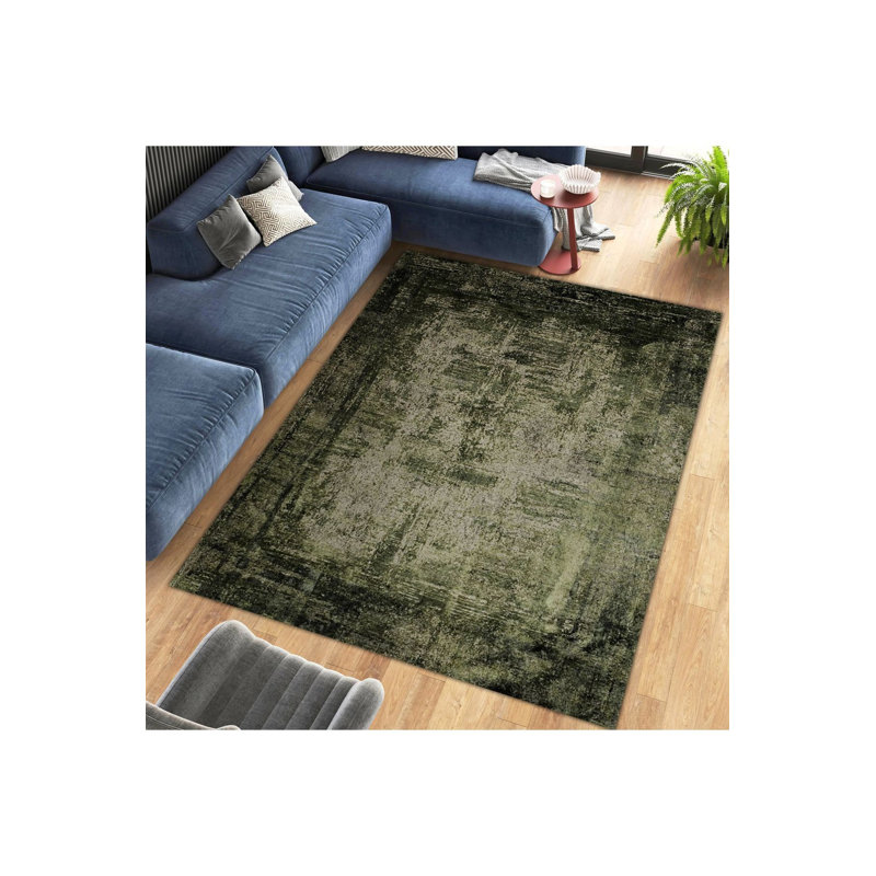 Tapis décoratif tissé vert foncé lavable à la machine, Sous-tapis rectangulaire de 3 pi 3 po x 4 pi 11 po