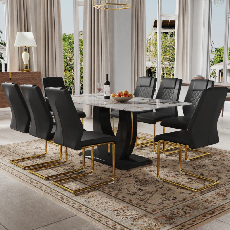 Kydin Glass Top Pedestal Dining Set, 9, Black/Gold