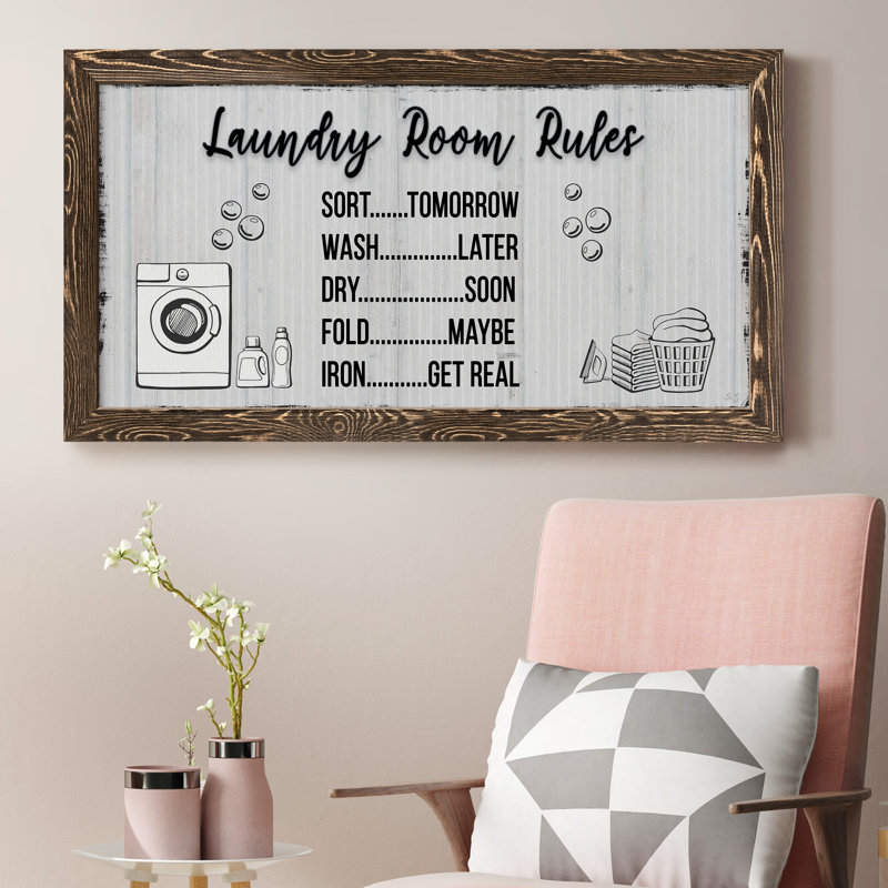 Laundry Room Rules - Art textuel sur toile encadré, Noyer