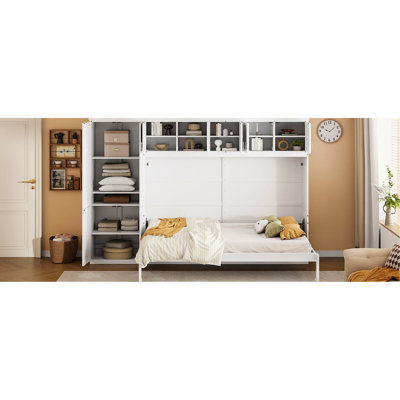 Queen Size Bed In White With Side Storage And Convenience Queen-size Wall Cabinets Mechanism
