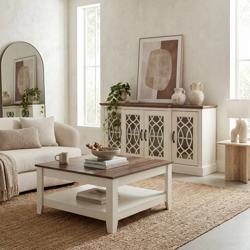 Weddel Basilico 2 Piece Modern Sideboard And Coffee Table Set, Knotty Oak, Ivory
