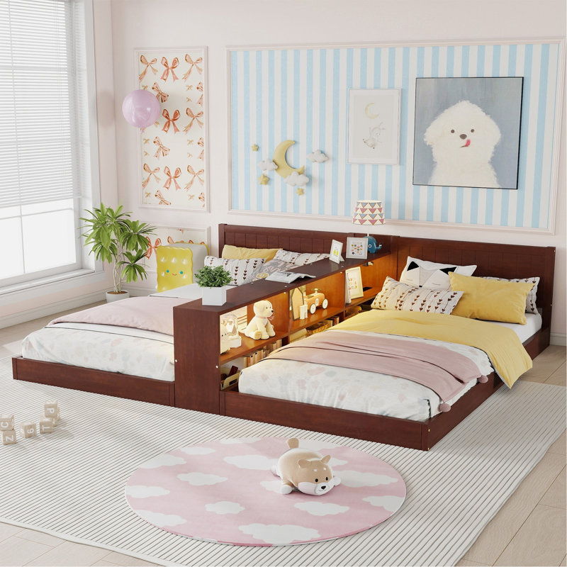 Double cadre de lit simple avec rangement, lit simple avec lumière et station de charge, 2 lits simples convertibles pour 2 enfants, espresso