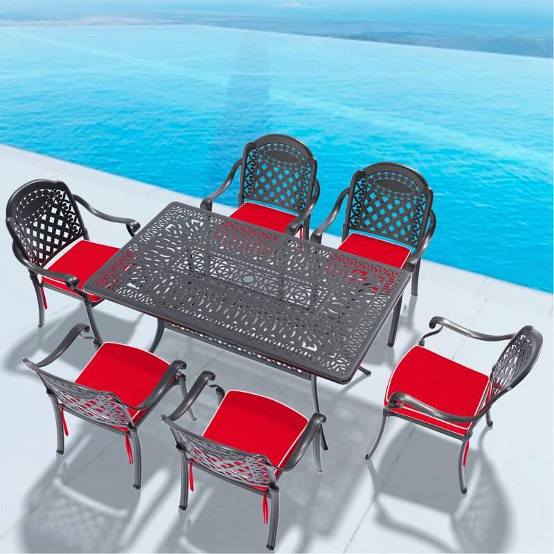 Ensemble de 7 pièces de mobilier de patio en aluminium coulé avec cadre noir et coussins de siège rouges, 6