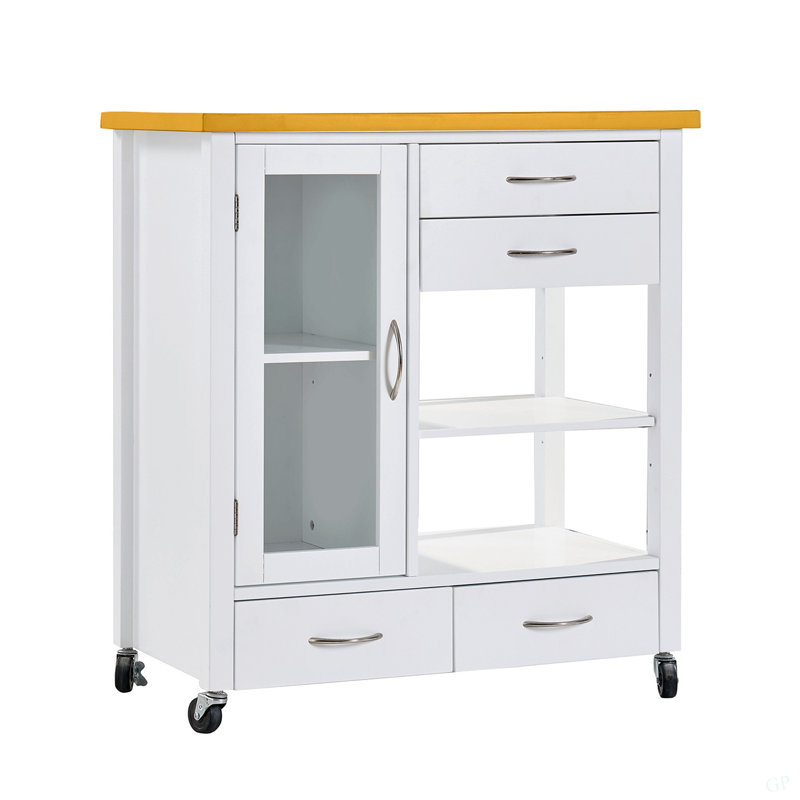 Îlot de cuisine avec plateau en bois de noyer, armoire de rangement sur roulettes avec tiroirs, buffet avec barre à serviettes