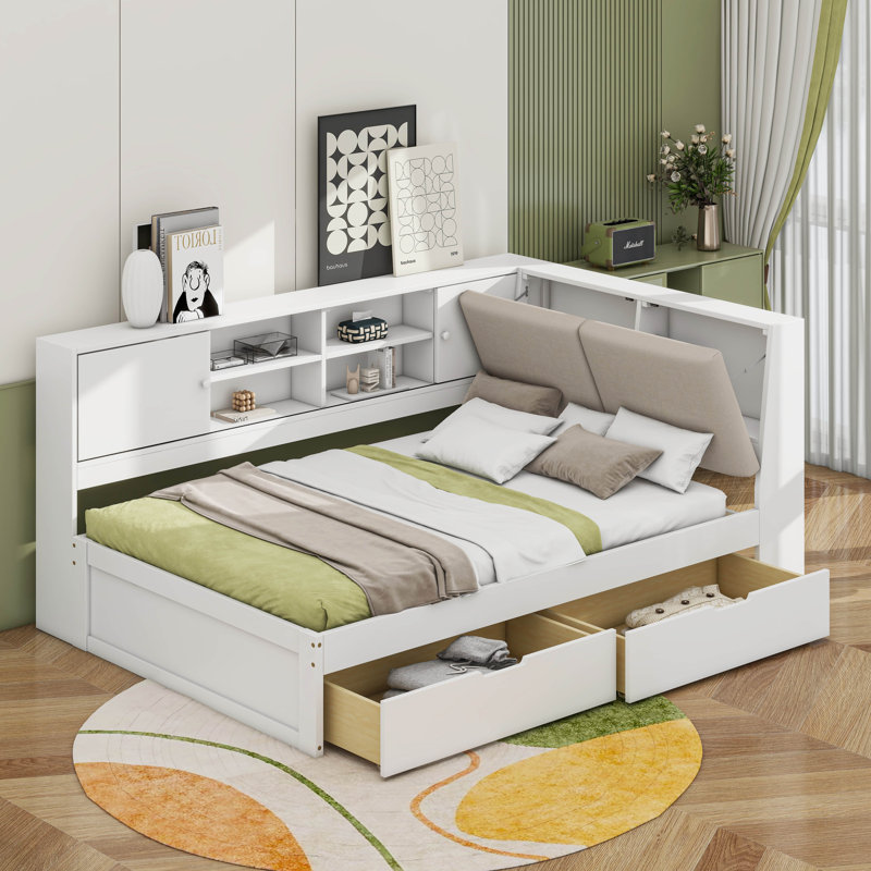 Full Size Corner Bed Frame With Storage Bookcase And Upholstered Headboard, Charging Station And Drawers, Full, White