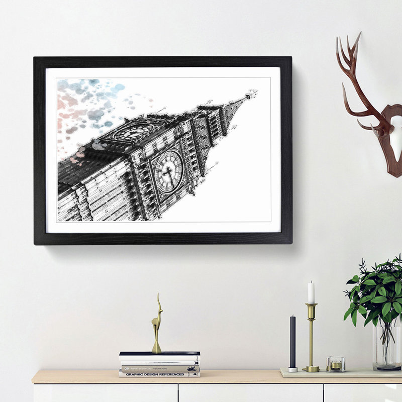 Big Ben in London in Abstract - Picture Frame Painting Print, Black Framed, 62cm H x 87cm W x 2cm D