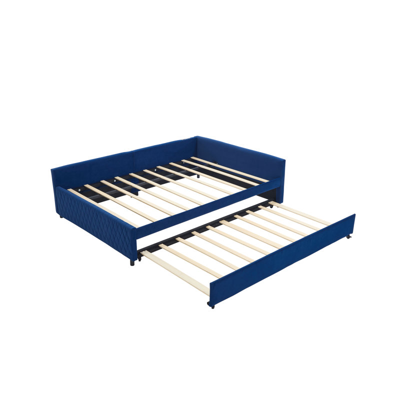 Upholstered Daybed with Trundle and Sturdy Wooden Frame Featuring Modern Diamond Grid Design for Bedroom or Guest Room Use.