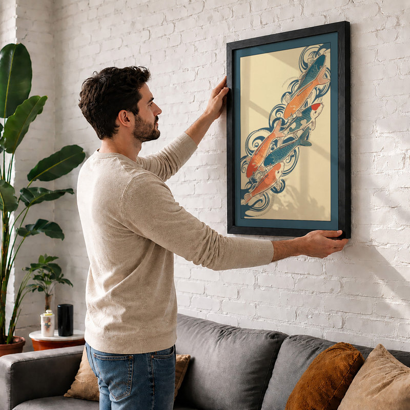 Ornamental Fish Dance Japandi - Framed Print, A2 - 59.4 x 42.0 cm, Oak